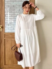 DAZY Eyelet Embroidery Frill Neck Dress - White - View 3