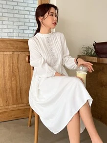 DAZY Eyelet Embroidery Frill Neck Dress - White - View 1