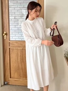 DAZY Eyelet Embroidery Frill Neck Dress - White - View 5