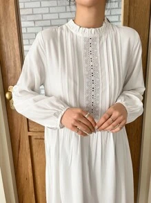 DAZY Eyelet Embroidery Frill Neck Dress - White - View 2