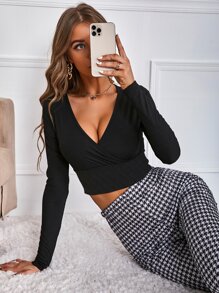 SHEIN Essnce Plunge Neck Crop Tee - Black - View 3