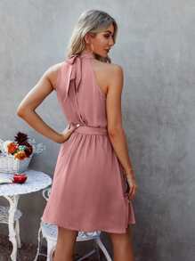 Vestido halter con cordón trasero bajo con fruncido con cinturón - Rosa vieja - Ver 2