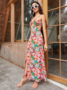 SHEIN Floral Cut Out Split Thigh Cami Dress - Multicolor - View 3