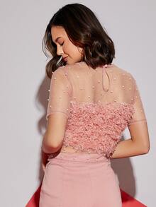 SHEIN BAE Pearl Beaded Mesh Yoke Fuzzy Top - Baby Pink - View 2