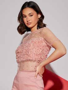 SHEIN BAE Pearl Beaded Mesh Yoke Fuzzy Top - Baby Pink - View 4