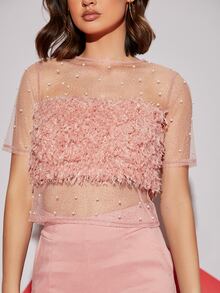 SHEIN BAE Pearl Beaded Mesh Yoke Fuzzy Top - Baby Pink - View 5