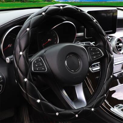 MEIKAXIU 1 chiếc bọc vô lăng xe hơi giả da cừu sang trọng đính đá lấp lánh, có lớp lót bên trong, phù hợp với vô lăng tròn 14,5-15 inch, màu đen, unisex, phụ kiện xe hơi dành cho nữ.