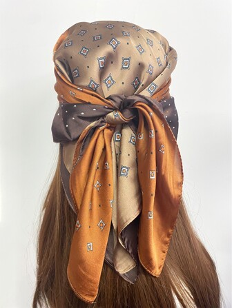 1pc Ladies' Geometric Print Colorblock Faux Silk Scarf, Headscarf For Holiday, Casual, Daily, Festival, Gift Boho Gym Hair Band Turban Headband Sweatband, School Stuff, College, Headbands Fall Winter Hair Accessories For Women For Vacation Outfits Woman Women Bandana Soft Headwrap