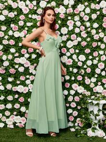 Ruffle Trim Cami Chiffon Dress - Mint Green - View 3