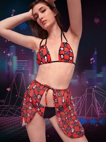 3packs Cartoon Graphic Halter Bikini & Beach Skirt Summer - Red - View 1