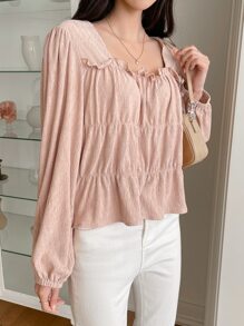 DAZY Frill Trim Peplum Blouse - Baby Pink - View 4