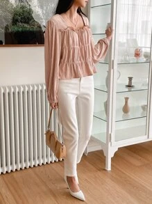 DAZY Frill Trim Peplum Blouse - Baby Pink - View 9