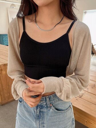 DAZY Solid Open Front Crop Top Long Sleeve Women