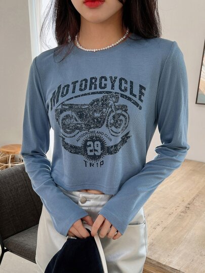 Camiseta con estampado de letra y motocicleta, ropa de otoño para mujer con manga larga