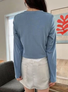 DAZY 字母和摩托车印花 T 恤，秋季服装长袖女式上衣 - 霧霾藍 - 查看 2