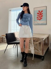 DAZY 字母和摩托车印花 T 恤，秋季服装长袖女式上衣 - 霧霾藍 - 查看 3