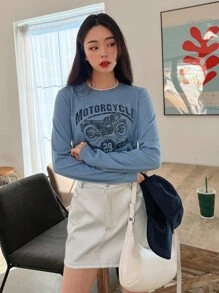DAZY 字母和摩托车印花 T 恤，秋季服装长袖女式上衣 - 霧霾藍 - 查看 4