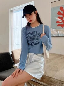 DAZY 字母和摩托车印花 T 恤，秋季服装长袖女式上衣 - 霧霾藍 - 查看 5