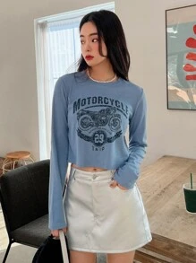 DAZY 字母和摩托车印花 T 恤，秋季服装长袖女式上衣 - 霧霾藍 - 查看 6