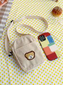 小時尚熊貼布燈芯絨素色信使單肩包,女孩簡約風條紋圖案斜肩包多用途方形錢包,復古小手機包零錢包輕便迷你收納袋流行百搭背包手提包適用於戶外遊玩 - 卡其色 - 查看 6