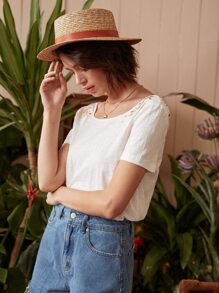 SHEIN Frenchy 大圓領花卉刺繡T恤 - 白色 - 查看 4