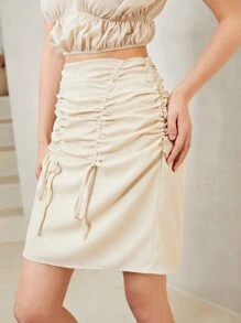 SHEIN Privé 抽繩細節半身裙 - 杏色 - 查看 4