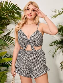 SHEIN Unity Plus Gingham Tie Front Cami Top & Ruffle Hem Shorts - Black and White - View 6