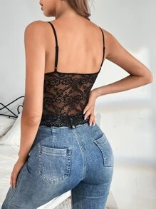 SHEIN Frenchy Contrast Lace Crop Cami Top - Black - View 2