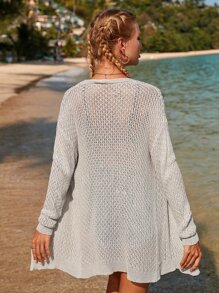 Openwork Button Front Cardigan - Light Grey - View 2