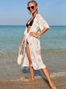 Embroidery Sheer Kimono - White - View 4