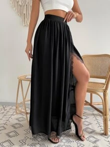 SHEIN VCAY Contrast Lace Solid Wrap Skirt - Black - View 1