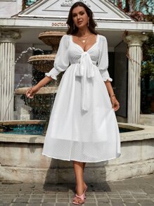 GENKIRA Đầm Xù Dải chun Thắt nơ trước màu trơn Boho - trắng - Xem 1