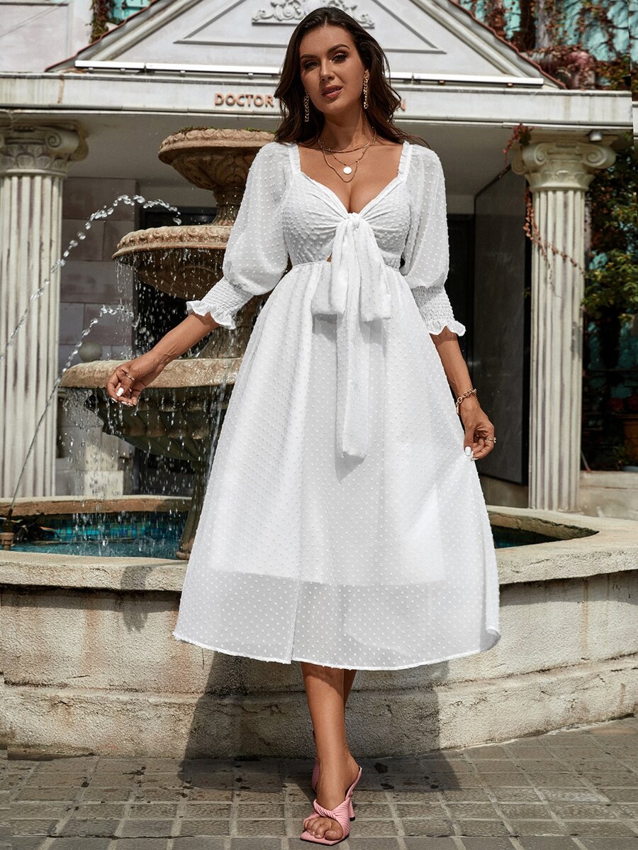 GENKIRA Đầm Xù Dải chun Thắt nơ trước màu trơn Boho - trắng - Xem 1