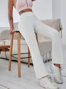 Solid Wide Waistband Sports Trousers - Beige - View 5