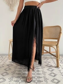 SHEIN VCAY Contrast Lace Solid Wrap Skirt - Black - View 5