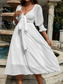 GENKIRA Đầm Xù Dải chun Thắt nơ trước màu trơn Boho - trắng - Xem 6