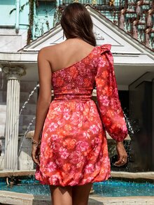 SHEIN Unity 單肩印花打褶前繫帶連衣裙 - 紅色 - 查看 2