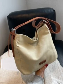 Fashionable Casual Color-Block Canvas Women's Shoulder Bag - Khaki - View 1