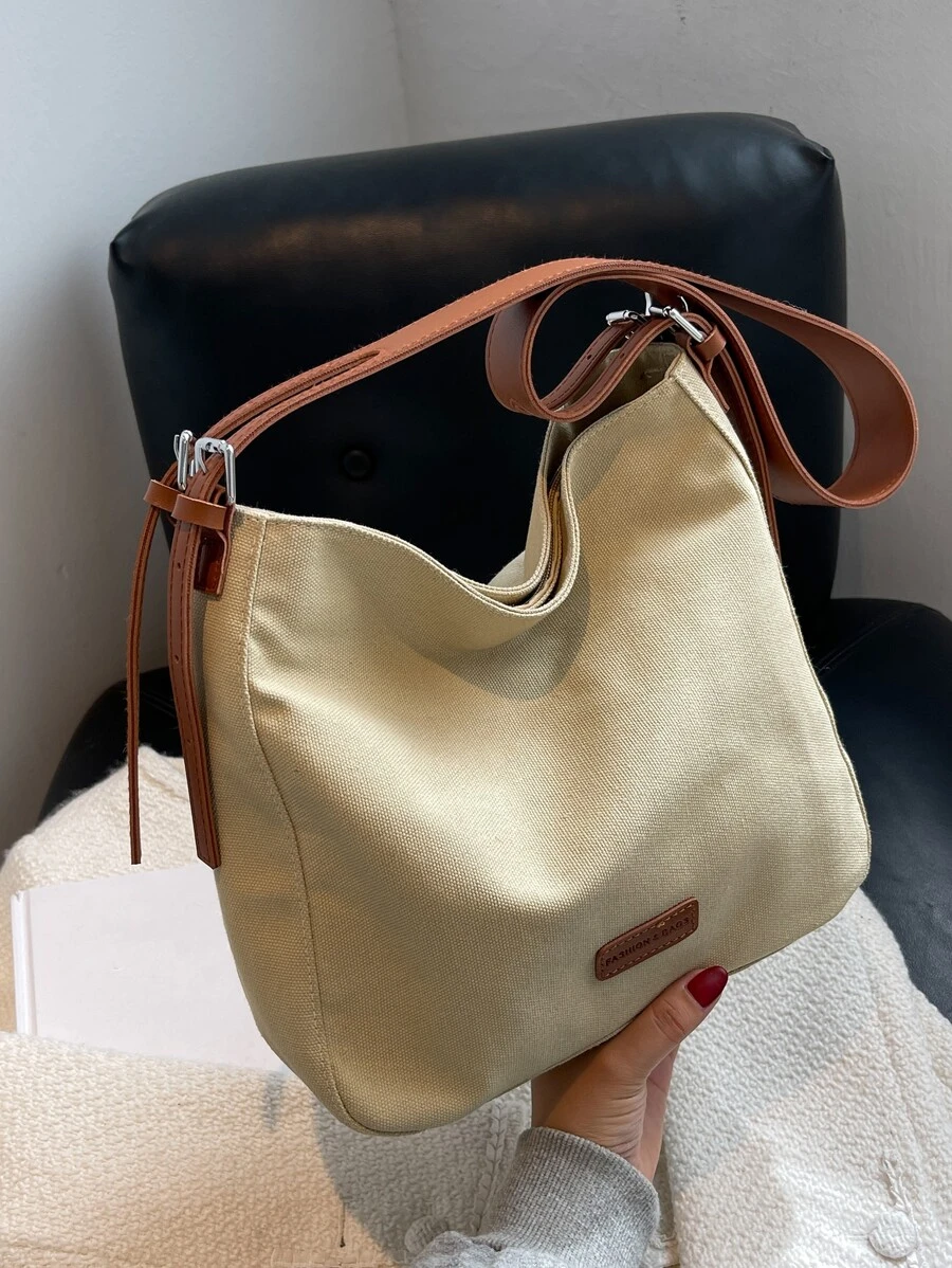Fashionable Casual Color-Block Canvas Women's Shoulder Bag - Khaki - View 1