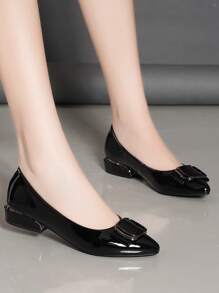 Metal Decor Point Toe Flats,Premium Black Patent Leather Flat Casual & Professional Shoes, Ladies' Flat Shoes Black Chunky Heel Pointed Toe Bow Female Work Shoes
