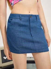 SHEIN EZwear 蝴蝶刺繡迷你半身裙 - 藍色 - 查看 3