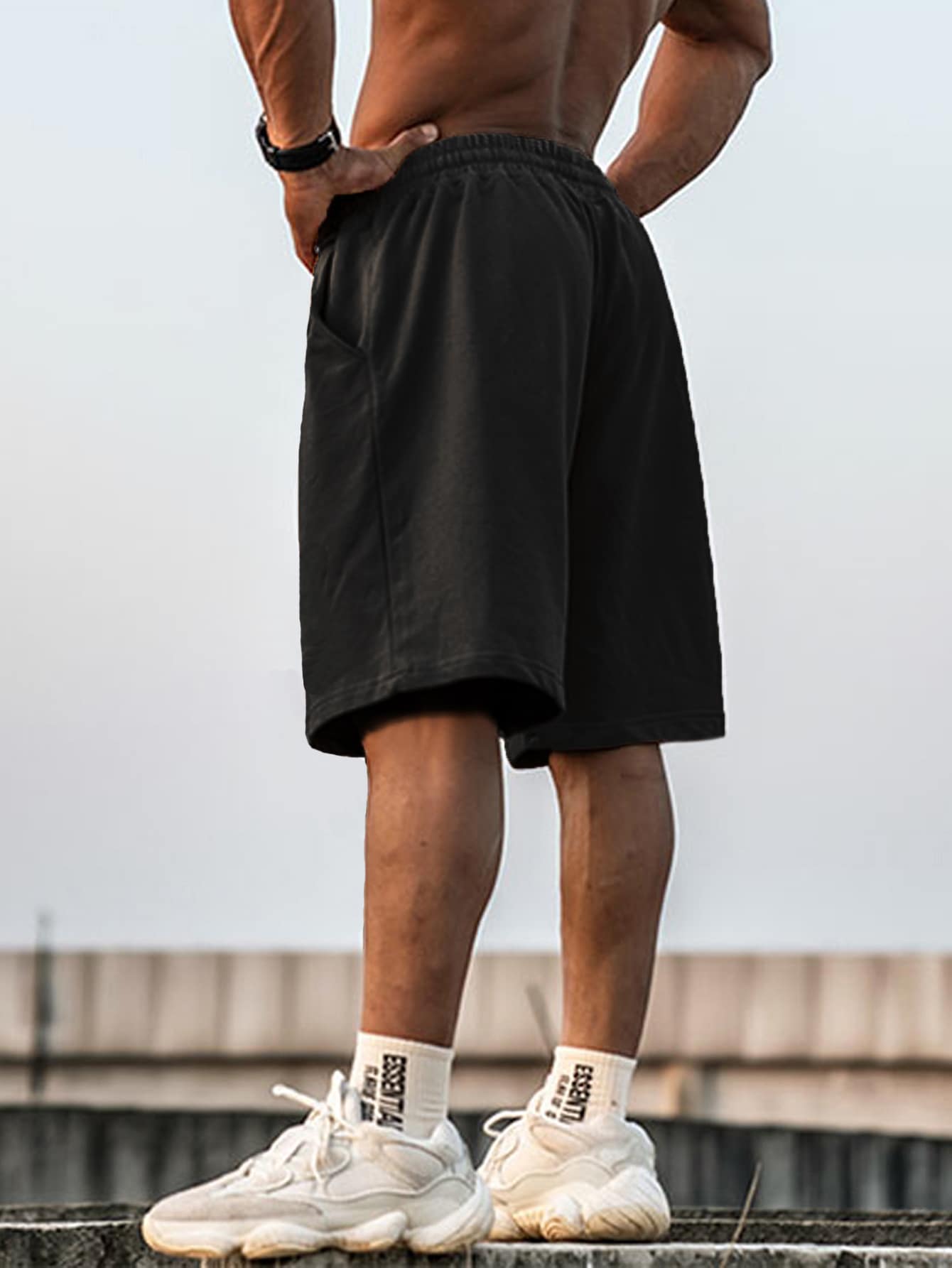 Manfinity Homme Loose Men's Drawstring Waist Wide Leg Shorts - Black - View 2