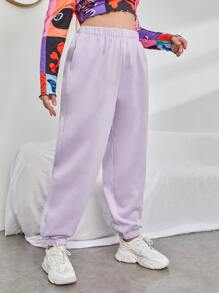 SHEIN EZwear Plus Solid Slant Pocket Sweatpants - Lilac Purple - View 1