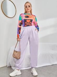 SHEIN EZwear Plus Solid Slant Pocket Sweatpants - Lilac Purple - View 3