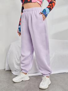 SHEIN EZwear Plus Solid Slant Pocket Sweatpants - Lilac Purple - View 5
