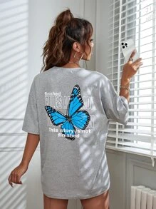 SHEIN Unity Butterfly And Slogan Graphic Drop Shoulder Tee Finished RULES ARE MADE TO BE BROKEN This Story Is Not Finished Graphic Tees Women Tops - Light Grey - View 4