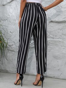 Striped Wide Leg Belted Trousers - Black and White - View 2