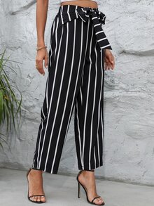 Striped Wide Leg Belted Trousers - Black and White - View 3