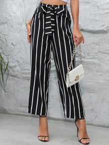 Striped Wide Leg Belted Trousers - Black and White - View 4