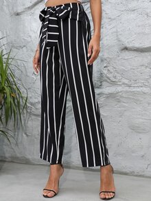 Striped Wide Leg Belted Trousers - Black and White - View 5